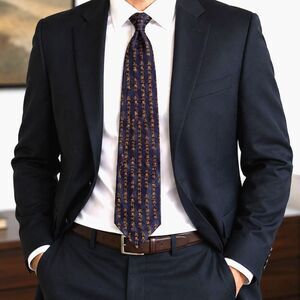 Montebello Hand Made Italy 100% Silk Necktie Blue Gold Buddhist Script Tie